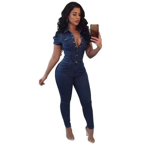 women blue denim overalls ripped stretch jumpsuit long jeans plus size