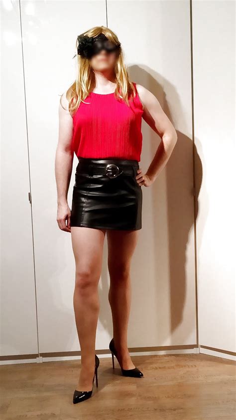 see and save as me in nylon leather mini skirt and high