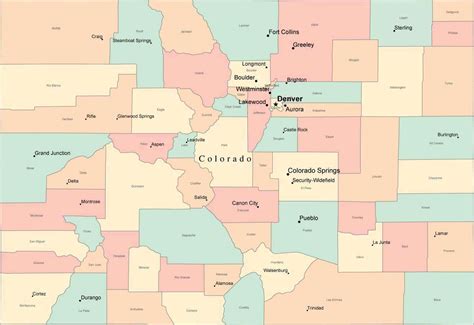 multi color colorado map  counties capitals  major cities