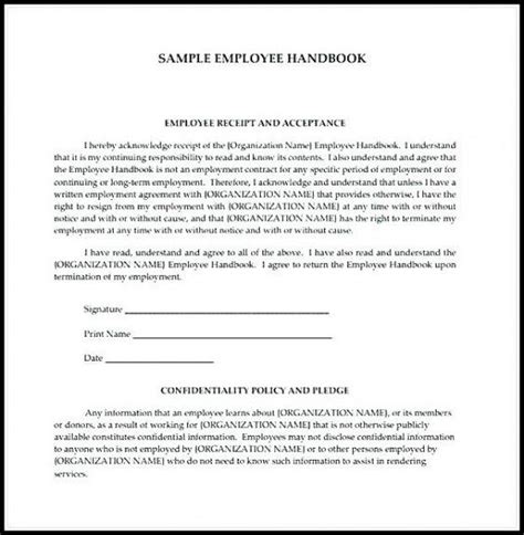 professional acknowledgement  employee handbook template  sample