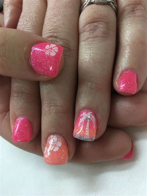 vacation tropical pink coral palm tree hibiscus gel nails