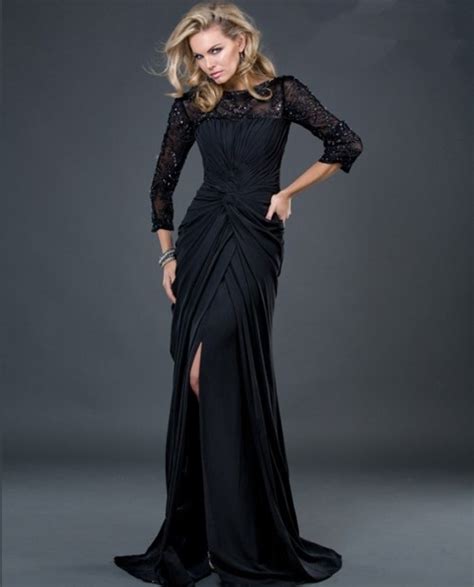 Formal Sheath Long Black Jersey Evening Dress With Beaded