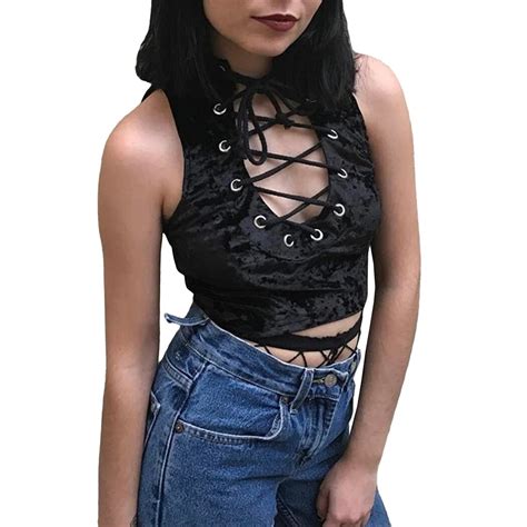 Sexy Women Lace Up Crop Top Summer Velour Cropped Ladies T Shirt Hollow