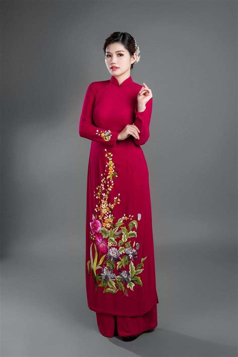 custom ao dai vietnamese traditional dress in burgundy silk with stun
