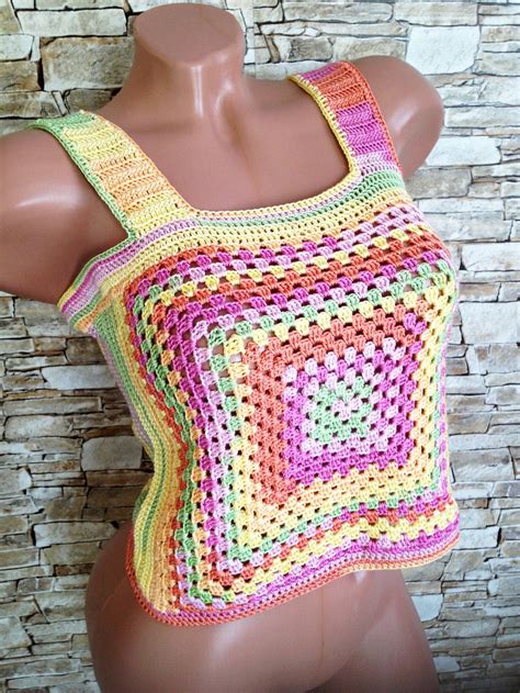 rainbow granny square crochet top hippie festival colorful