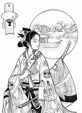 Samurai Sacura Geisha Blanc Pirograbado Dover sketch template