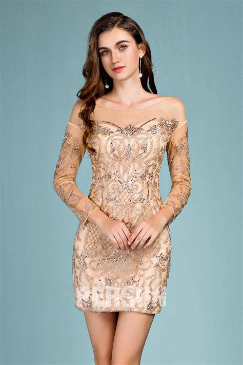 Sexy Champagne Cocktail Dress With Long Sleeves Embellished With