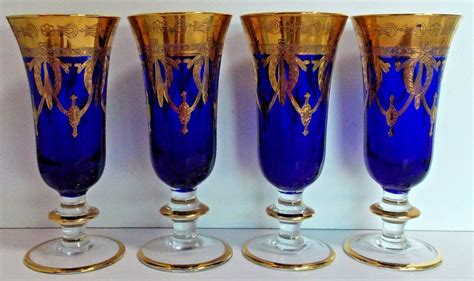 Set Of 4 Vintage Cobalt Blue Tall Wine Glass Goblets 24k