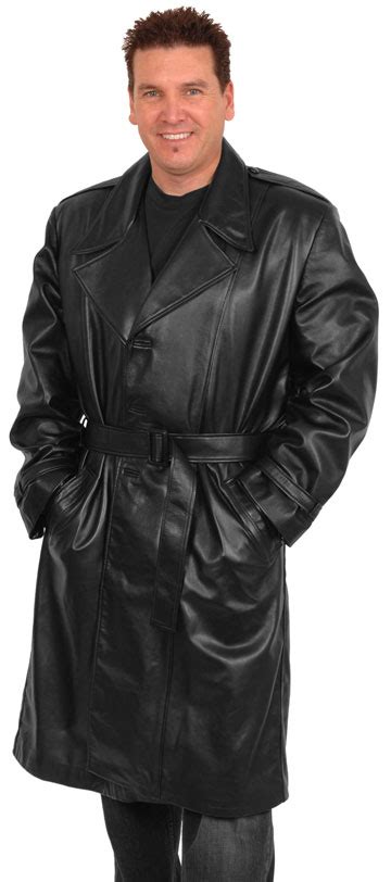 T3 Mens Lambskin Leather Long Trench Coat With Button And