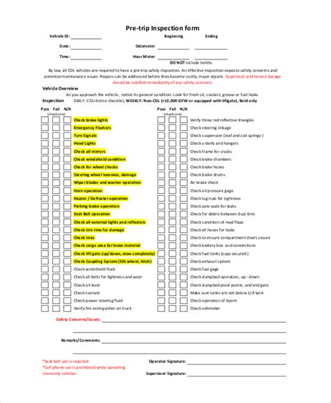 printable dot pre trip inspection form