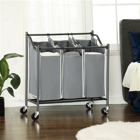 songmics rolling laundry cart sorter   removable bags gray