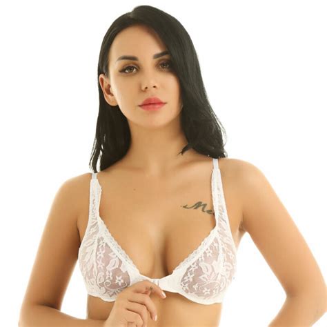 sexy womens sheer lace bra front close wire free unpadded bralette top