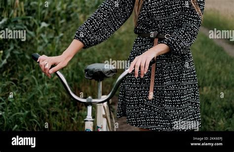 Beautiful Girl Rides An Old Bicycle Through Village Field Happy Girl