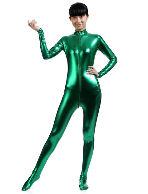dark green zipper shiny metallic zentai suit  women halloween milanoocom