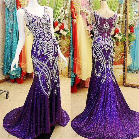 Actual Pictures Bling Purple Crystal Evening Dress Sequin Long Prom