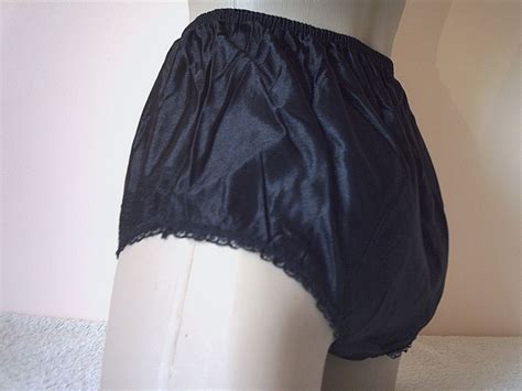 ladies vintage silky black nylon lace trim panties full knickers size w