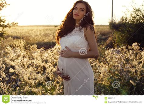 Beautiful Pregnant Woman With Dark Hair In Elegant Dress
