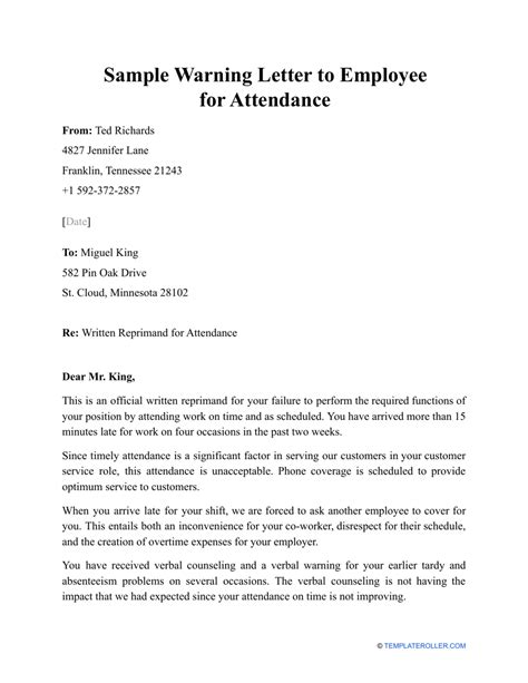 sample warning letter  employee  attendance fill  sign