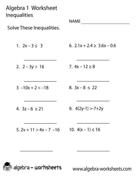 inequalities algebra  worksheet printable algebra worksheets