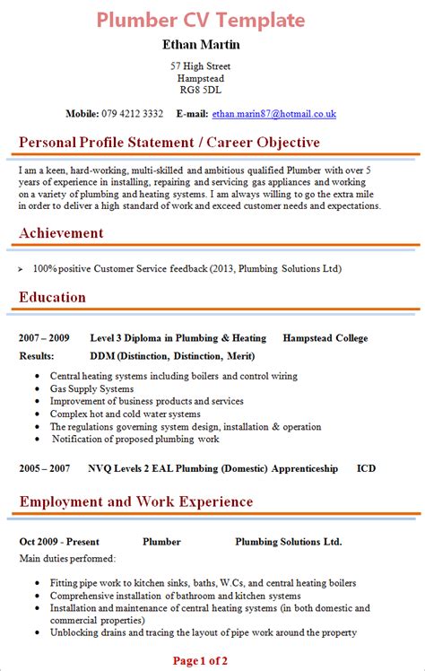 Free Resume For A Plumber