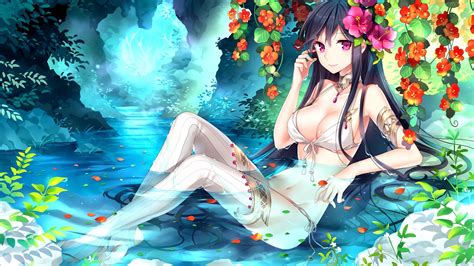 Image Beautiful Anime Girl Sitting In The Water Flowers