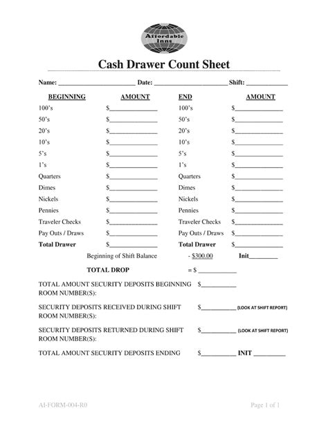 daily cash count sheet template excel fill  printable