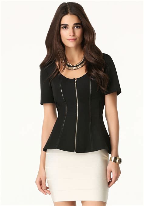 bebe zip front fitted top  black blk lyst