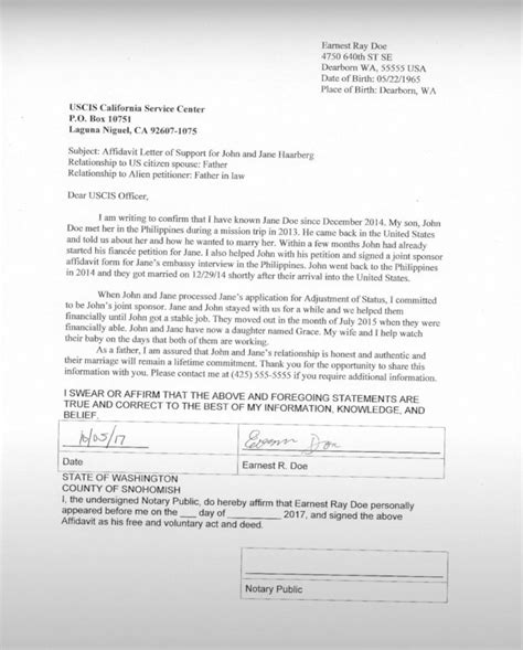sworn affidavit  support sample letter  immigration form