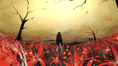 anime character standing  red flower field illustration metal gear