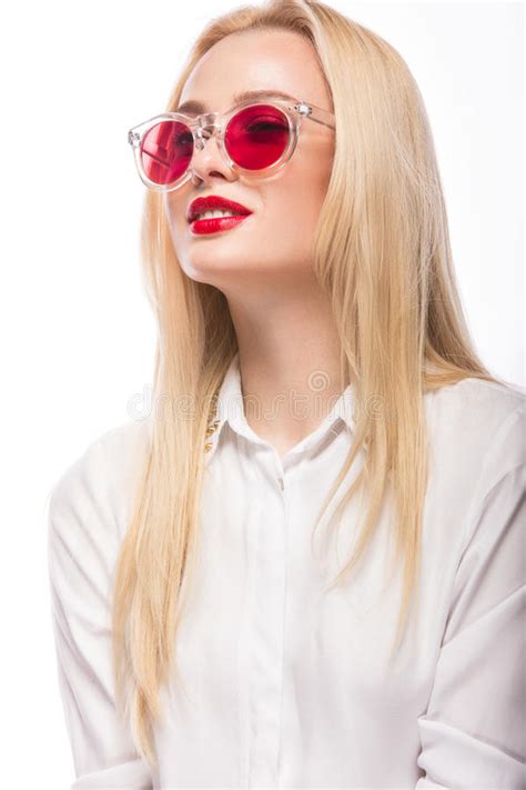 Beautiful Blonde Girl In Pink Glasses And Shirt Beauty
