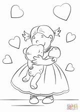 Coloring Teddy Bear Pages Girl Hugging Lovely Simple Printable Color Drawing sketch template