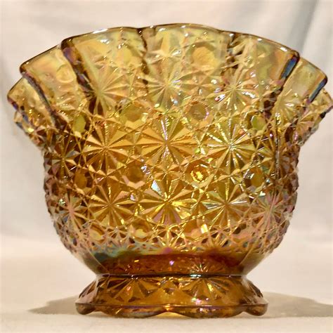 Iridescent Amber Gold Carnival Glass Starburst Fluted Edge Bowl