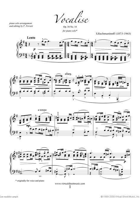 Rachmaninoff Vocalise Op 34 No 14 Sheet Music For Piano Solo