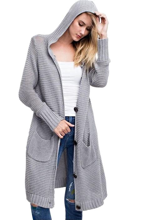 womens oversized long button front hooded cardigan sweater heather grey cghczn
