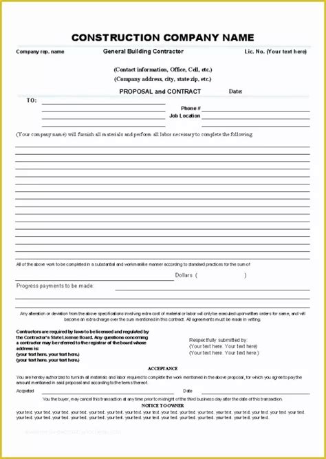 general contractor contract template   printable sample