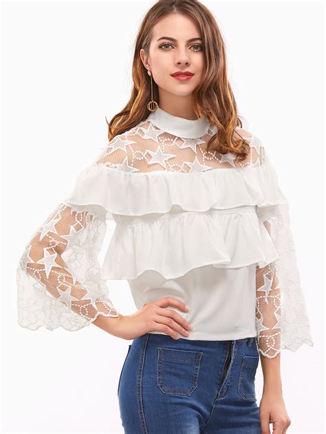 white contrast embroidered lace keyhole back ruffle blouse shein