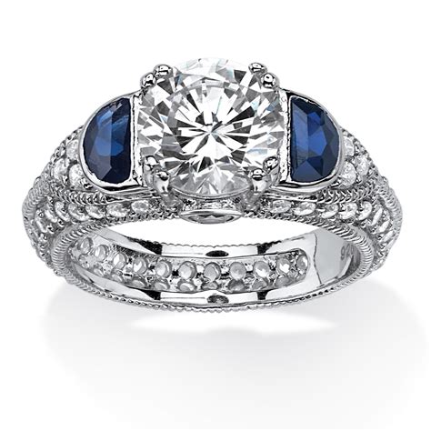 3 20 Tcw Cubic Zirconia And Created Blue Sapphire Ring In Platinum Over