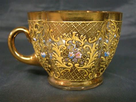 Moser Art Glass Quatrefoil Gilded Floral Enameled Cup Saucer Antique