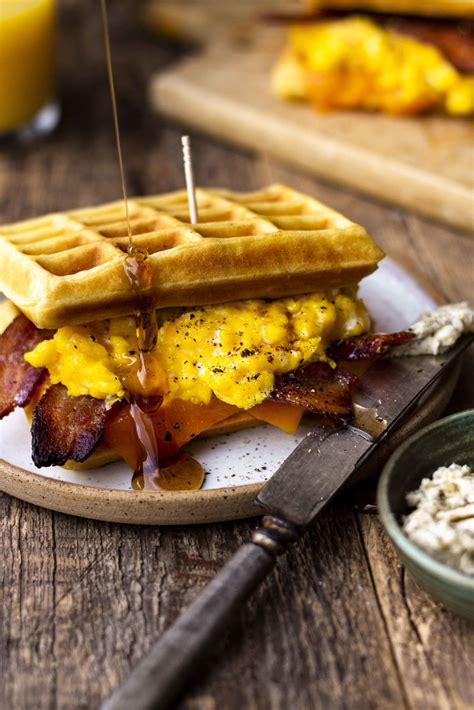 waffle breakfast sandwich  peppered maple bacon modern farmhouse eats