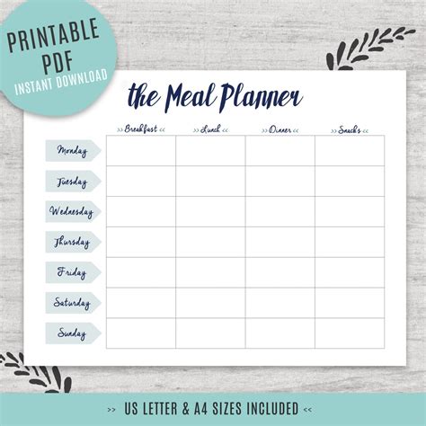 printable meal planner weekly meal planner  letter