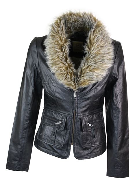 ladies real  vintage short black leather jacket coat fur ebay