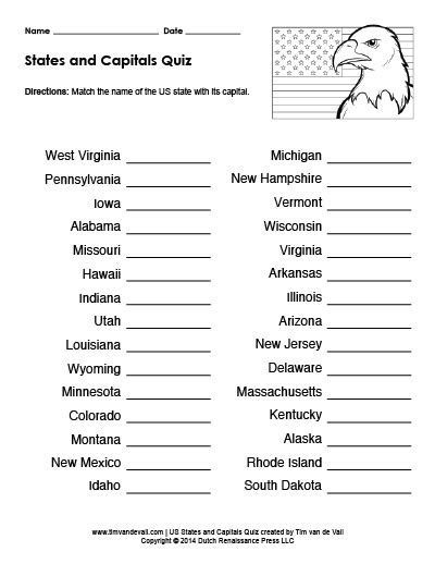 printable  states  capitals quiz practice test