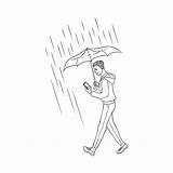 Walking Man Sketch Rain Umbrella Coloring Vector Smartphone Holding Book Illustration Stock Person Under sketch template
