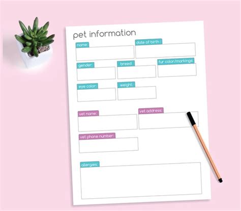 pet information form printable worksheet