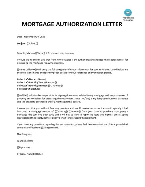 mortgage authorization letter template templates   mortgage