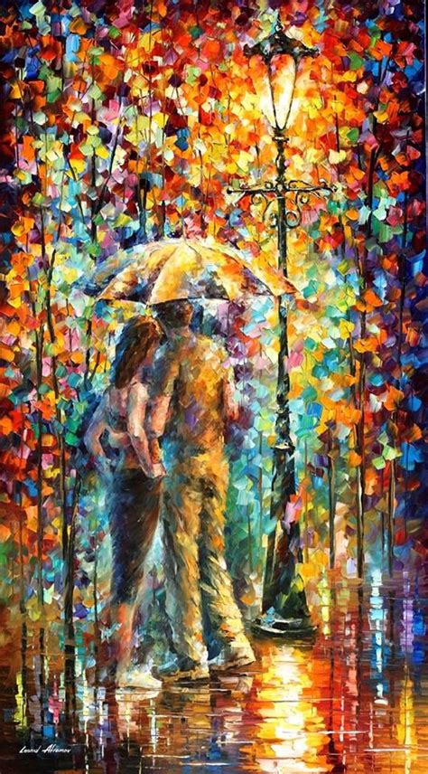 painting   people standing   umbrella   rain