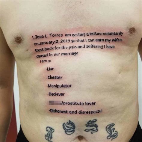 man tries to earn wife s trust back by getting huge chest tattoo labelling him a cheater and