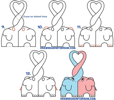 how to draw cute kawaii chibi elephants in love forming a heart with their trunks step by step