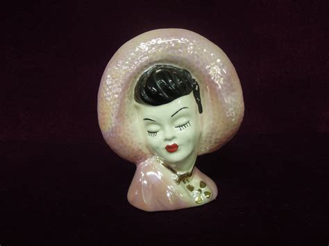 Glamor Girl Head Vase Large Hat Pink Vintage Collectible