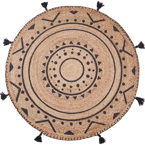 tapis en jute rond motifs ethniques  ponpoms gris antalya  cm tapis  motifs alinea